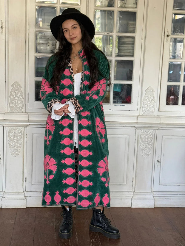Long Velvet Embroidered Coat – Green-pink