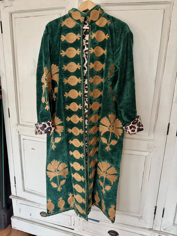 Long Velvet Embroidered Coat – Green-Beige