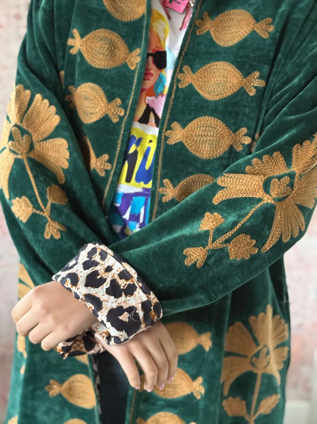 Long Velvet Embroidered Coat – Green-Beige