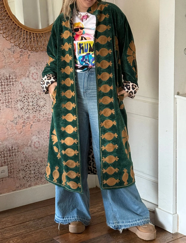 Long Velvet Embroidered Coat – Green-Beige