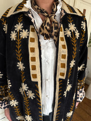 Long Velvet Embroidered Coat – Black-Brown-Cream
