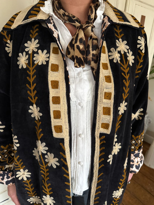 Long Velvet Embroidered Coat – Black-Brown-Cream