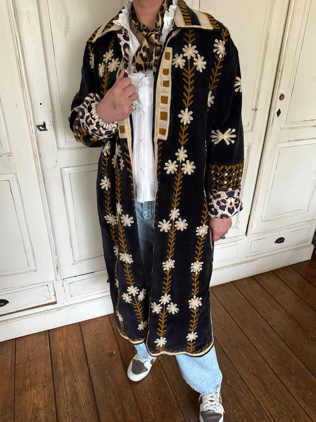 Long Velvet Embroidered Coat – Black-Brown-Cream