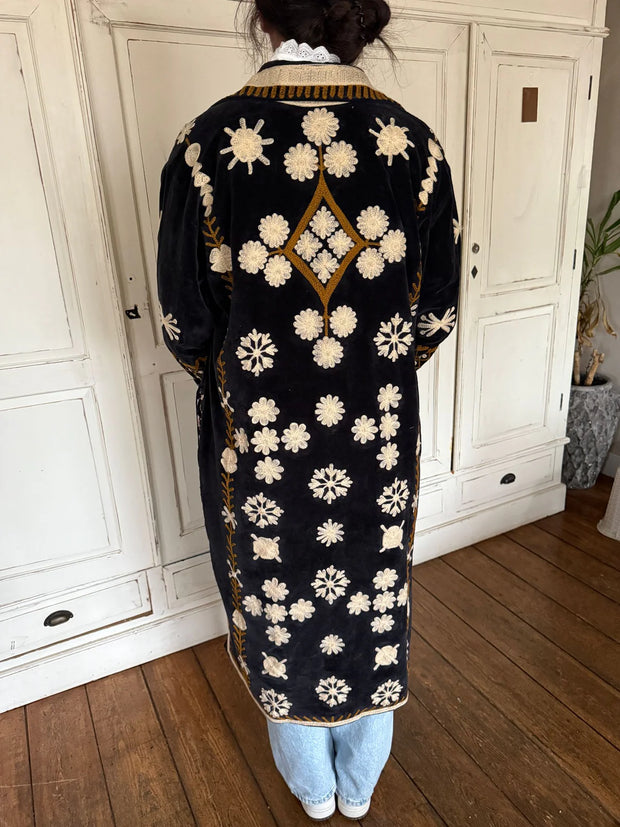 Long Velvet Embroidered Coat – Black-Brown-Cream