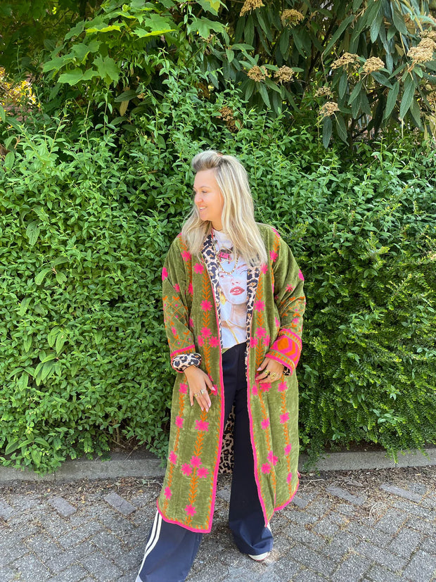 Long Velvet Embroidered Coat – Green-Pink-Orange