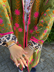 Long Velvet Embroidered Coat – Green-Pink-Orange