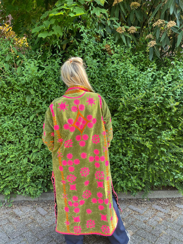 Long Velvet Embroidered Coat – Green-Pink-Orange