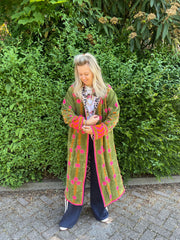 Long Velvet Embroidered Coat – Green-Pink-Orange