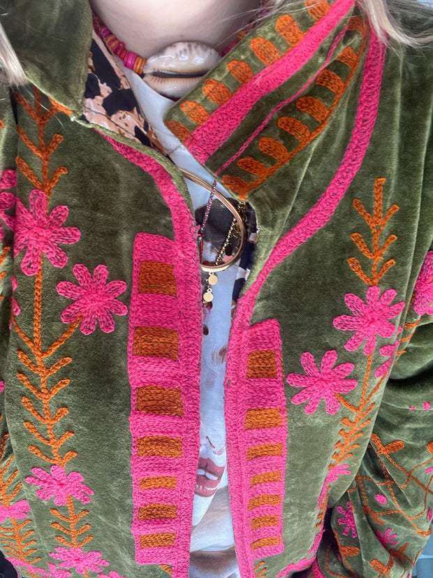 Long Velvet Embroidered Coat – Green-Pink-Orange