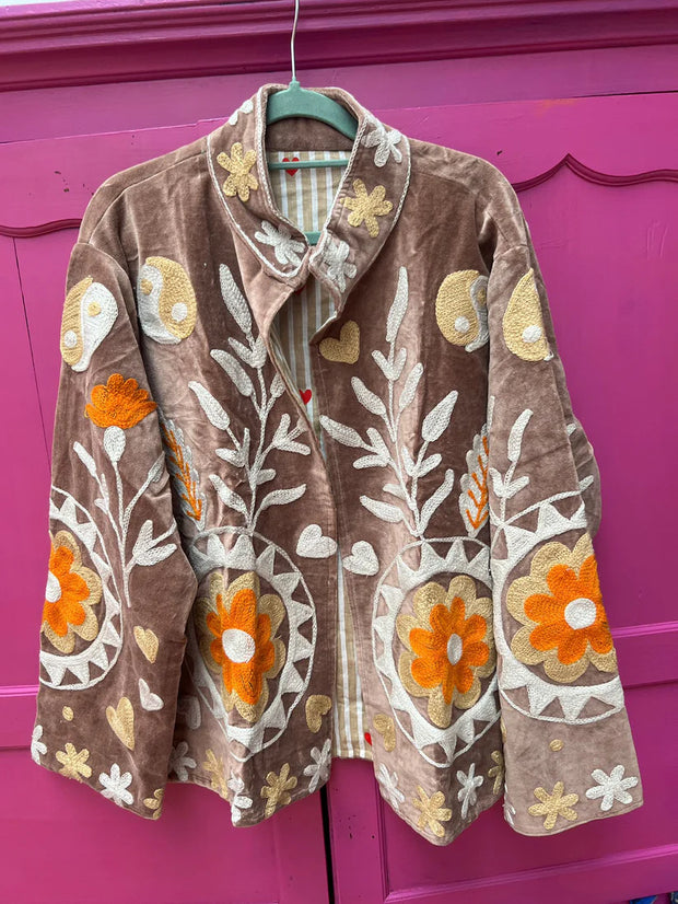 Yin Yang Floral Embroidered Short Coat – Camel-orange