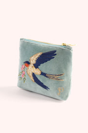 Velvet Embroidered Mini Pouch - Swooping Swallows