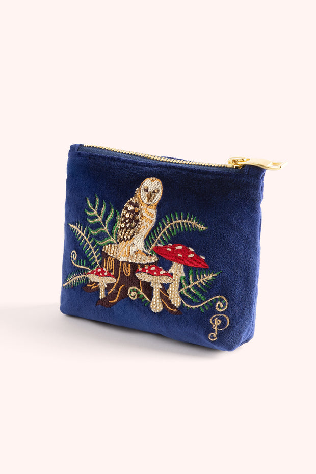 Velvet Embroidered Mini Pouch - Woodland Owl