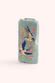Velvet Embroidered Sunglasses Pouch - Swooping Swallows