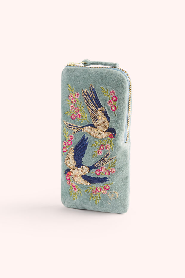 Velvet Embroidered Sunglasses Pouch - Swooping Swallows