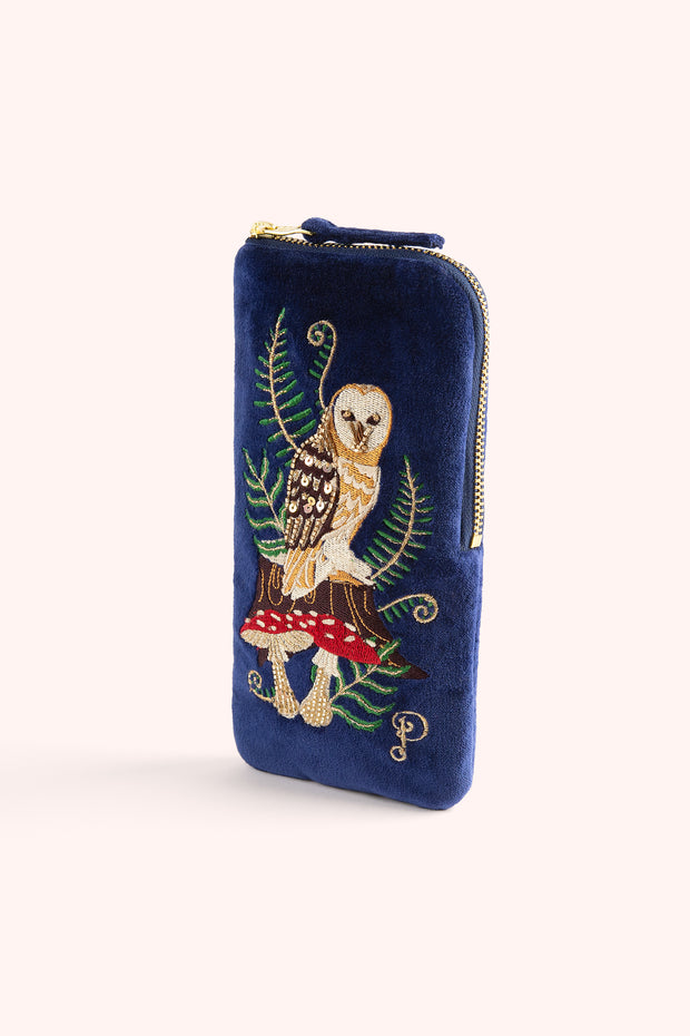Velvet Embroidered Sunglasses Pouch - Woodland Owl