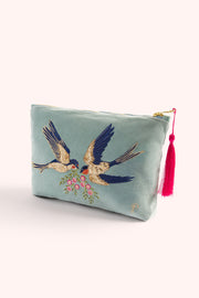 Velvet Embroidered Zip Pouch - Swooping Swallows