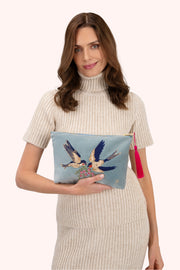 Velvet Embroidered Zip Pouch - Swooping Swallows