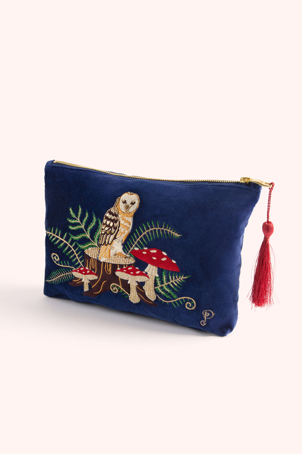 Velvet Embroidered Zip Pouch - Woodland Owl