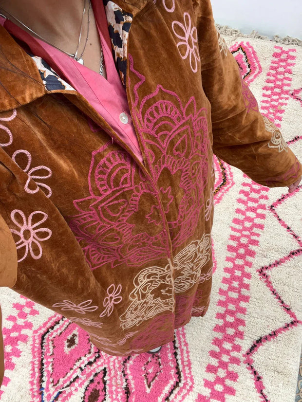 Long Velvet Embroidered Coat – Rust-Pink-Cream