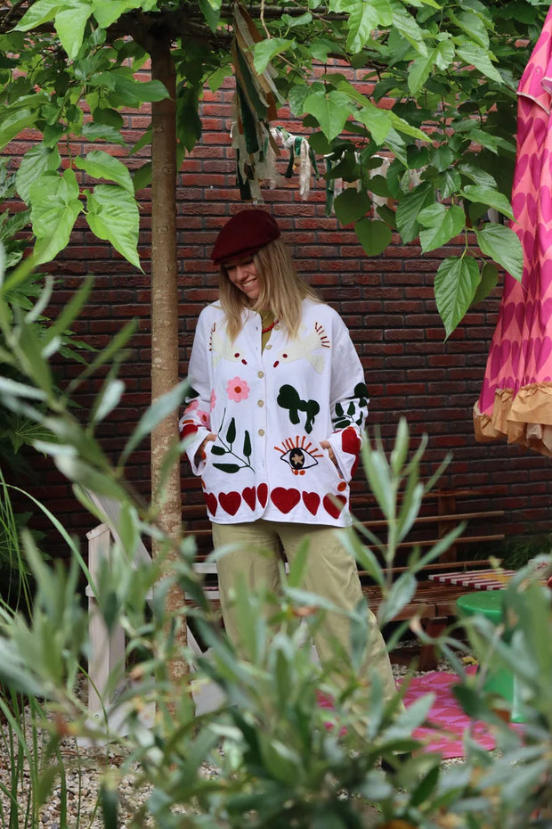 Birds Embroidered Short Coat – White
