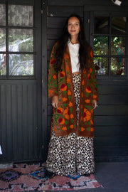 Long Velvet Embroidered Coat – Brown-Orange-Green