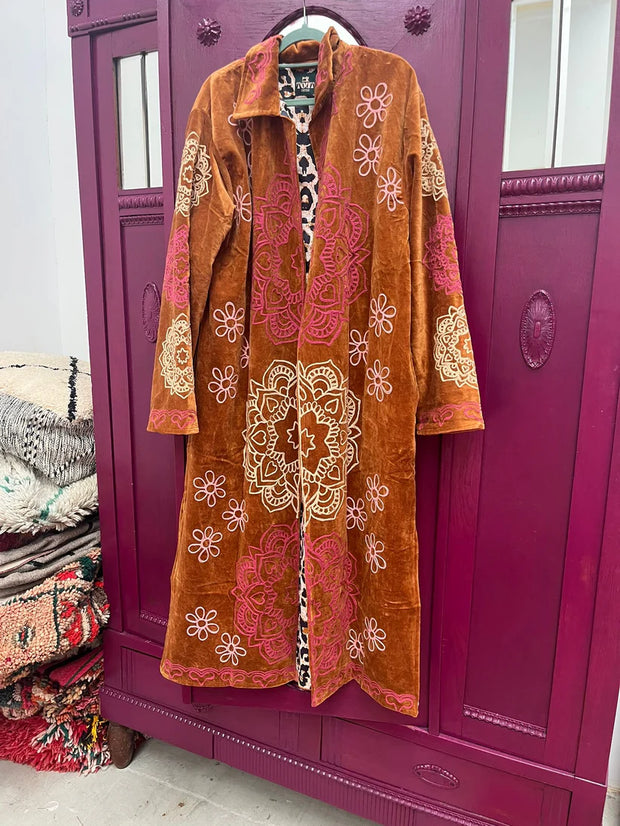 Long Velvet Embroidered Coat – Rust-Pink-Cream