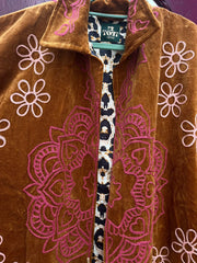 Long Velvet Embroidered Coat – Rust-Pink-Cream