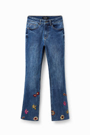 Denim Flared Cropped Jeans, with Floral Embroidery