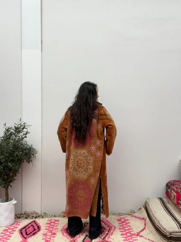 Long Velvet Embroidered Coat – Rust-Pink-Cream