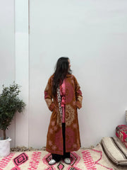 Long Velvet Embroidered Coat – Rust-Pink-Cream