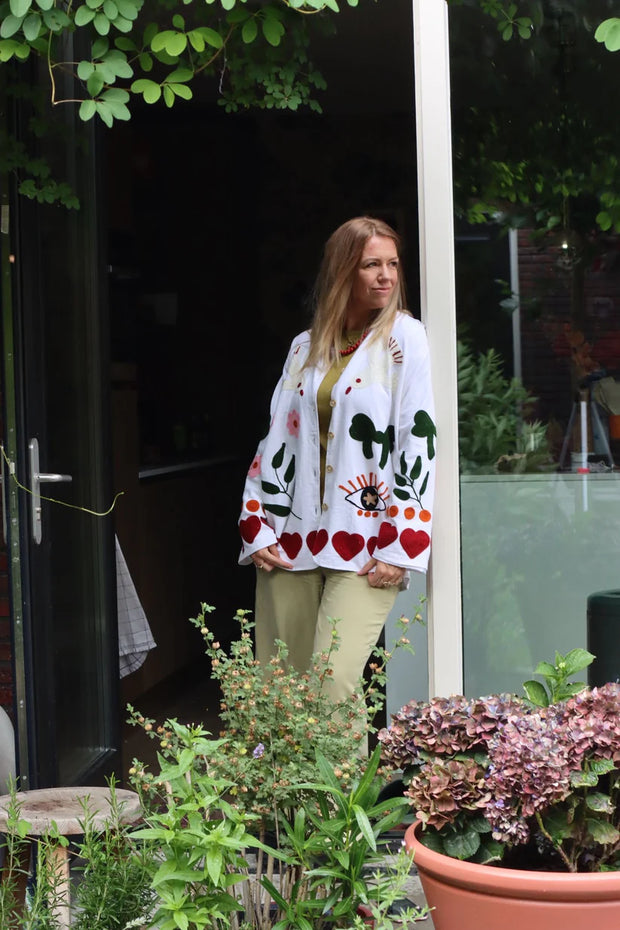 Birds Embroidered Short Coat – White