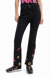 Black Flared Cropped Jeans, with Floral Embroidery