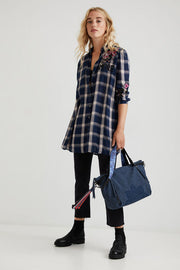 Long Checked shirt with embroidery, Blue