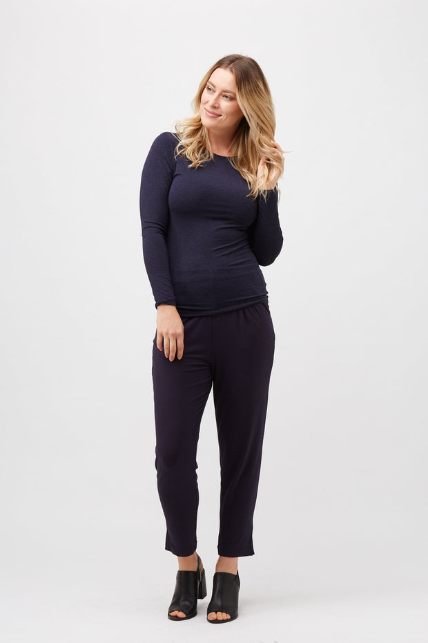 Round Neck Long Sleeve Fitted Top - Midnight Marle