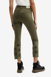 Khaki, Flared Cropped Jeans, with Floral Embroidery