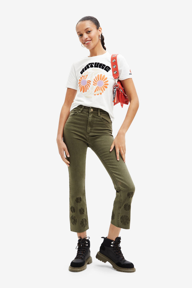 Khaki, Flared Cropped Jeans, with Floral Embroidery