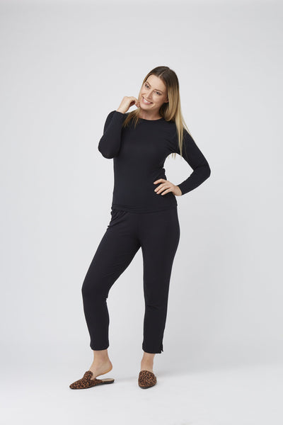 Round Neck Long Sleeve Fitted Top - Black