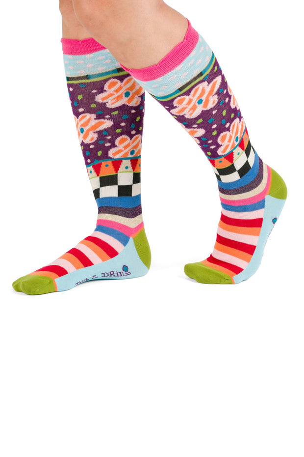 Knee High Socks - Floral and Stripes Multi-colour